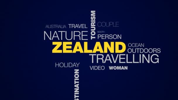 Zealand путешествия природный туризм остров ландшафтный образ жизни отдых турист Достопримечательности анимированные слова облачный фон в uhd 4k 3840 2160 . — стоковое видео