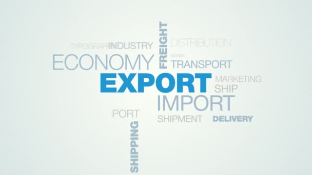 Exportación importación economía carga global palabra nube apear en el blanco azul gradiente fondo, también utiliza animación logística transporte negocio carga palabra como fondo en uhd 4k 3840 2160 — Vídeo de stock