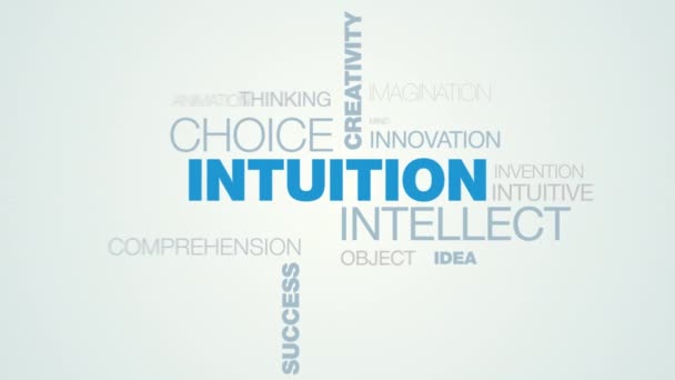 Intuition intellekt val kreativitet skarpsinne word cloud apear på den vita blå tonad bakgrunden, används också animerade beslut hjärnan business medvetenhet word som bakgrund i uhd 4k 3840 2160 — Stockvideo