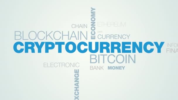 Cryptocurrency bitcoin blockchain innovatie technologie word cloud apear op de witte blauwe gradatie achtergrond, ook gebruikt geanimeerde mijnbouw digitale uitwisseling bedrijf word als achtergrond in uhd 4k 3840 — Stockvideo