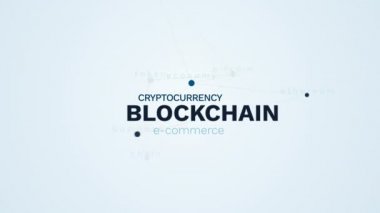 Blockchain cryptocurrency e-ticaret madencilik bitcoin blok ekonomi ethereum iş zinciri belirteci animasyonlu kelime bulutu arka planda uhd 4k 3840 2160.