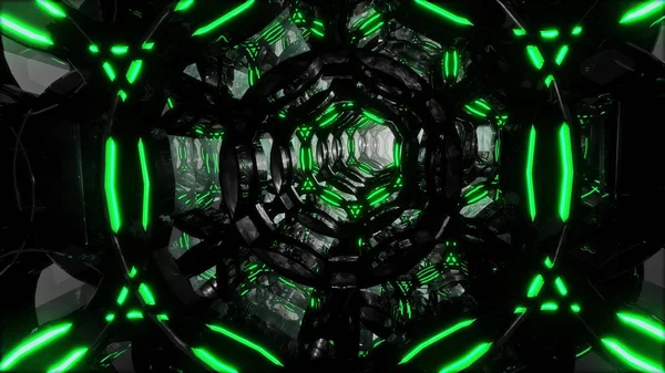 Futuristische digitale abstracte beweging achtergrond vlucht door een abstracte eindeloze tunnel van zwart-groene ringen. 3d video in 4k lus. — Stockfoto