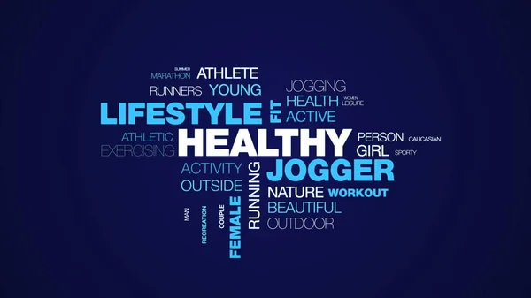 Sağlıklı jogger yaşam tarzı yerleştirmek spor koşu egzersiz runner kadın insanlar animasyonlu kelime bulutu arka planda uhd 4k 3840 2160. — Stok fotoğraf