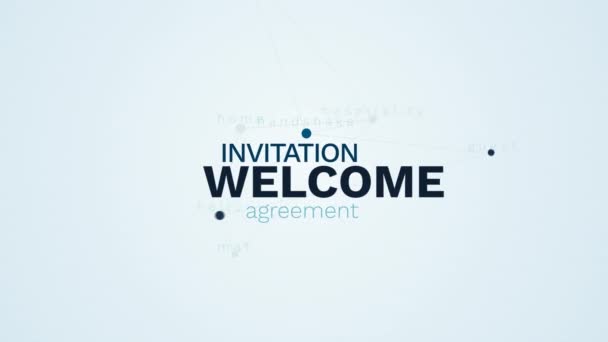 Benvenuto invito accordo business ospitalità saluto handshake ospite ciao mat casa animato parola nube sfondo in uhd 4k 3840 2160 . — Video Stock