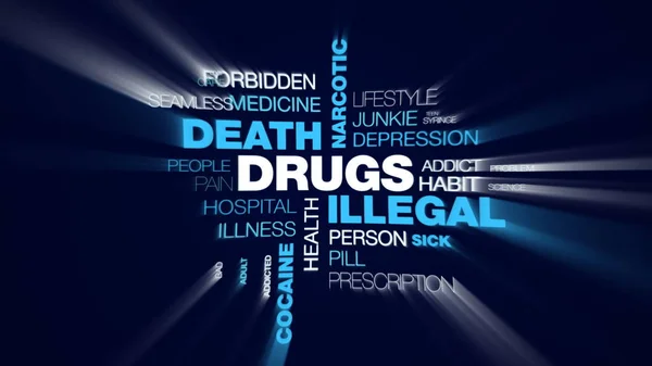 Droga morte illegale stupefacenti overdose iniezione dipendenza problemi eroina cocaina trattamento animato parola nube sfondo in uhd 4k 3840 2160 . — Foto Stock