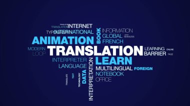 Çeviri öğrenin animasyon kitabı işletmeleri iletişim bilgisayar konsepti veri tanımı animasyon kelime bulut arkaplanı uhd 4k 3840 2160.