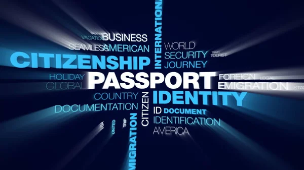 Paspoort identiteit nationaliteit internationale grens officiële luchthaven douane vertrek immigratie bestemming geanimeerde word cloud achtergrond in uhd 4k 3840 2160. — Stockfoto