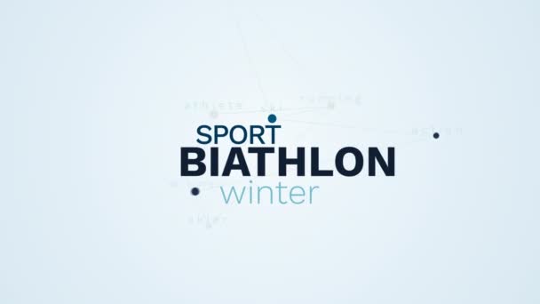 Biatlon sport téli hó futó forgatás sí fellépés győztes síelő sportoló animált szó felhő háttér uhd 4k 3840 2160. — Stock videók