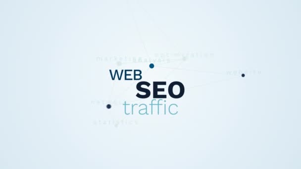 SEO web traffic search optimization ranking analysis website network statistics marketing animated word cloud background in uhd 4k 3840 2160 . — стоковое видео