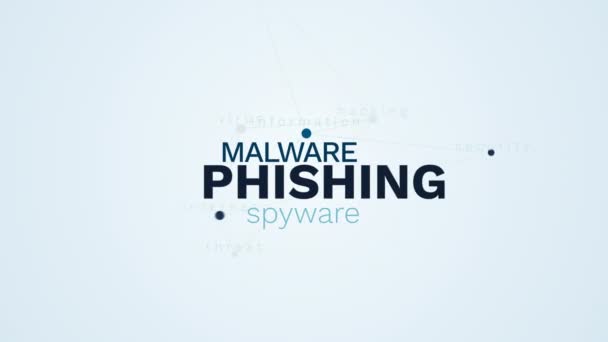 Phishing Malware Spyware Schwachstelle Hacken Passwort Informationen Sicherheit Internet Bedrohung Virus animierte Wort Wolke Hintergrund in uhd 4k 3840 2160. — Stockvideo