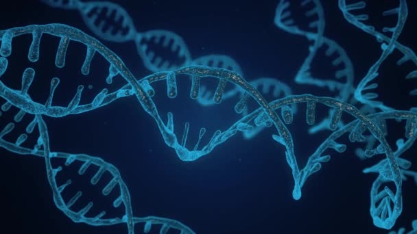 Astratto blu scintillante DNA doppia elica con profondità di campo. Animazione scientifica della costruzione del DNA da detriti. Filmati futuristici di Genom. Progettazione concettuale dell'informazione genetica. 4k UHD — Video Stock