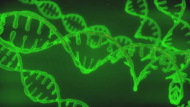 Abstrato azul brilhante DNA dupla hélice com profundidade de campo. Animação de construção de DNA a partir de detritos. Animação científica. Imagens futuristas do Genom. Desenho conceitual da informação genética. 4k — Vídeo de Stock