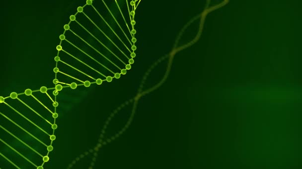 Αφηρημένο πράσινο λαμπερό DNA διπλού έλικα με βάθος πεδίου. Κινούμενα σχέδια της κατασκευής DNA από τις απογραφές. Επιστημονική κίνηση. Φουτουριστικό υλικό του τζενόμ. Εννοιολογική σχεδίαση των πληροφοριών γενετικής. 4K — Αρχείο Βίντεο