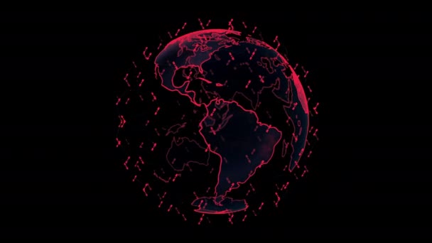 Dijital dünya veri küresi - soyut üç boyutlu uydu görüntüleme uyduları dünya ile bağlantı kuruyor. Uydular gezegeni çevreleyen bir ağ ya da gökyüzü köprüsü oluşturur. Karmaşıklık taşıyan büyük veriler taşar. — Stok video