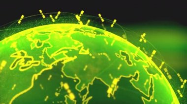 Dijital dünya veri küresi - soyut 3D görüntüleme uyduları yıldız bağlantısı video ağı dünya bağlantısı. Uydular gezegeni çevreleyen bir ağ ya da gökyüzü köprüsü oluşturur. Karmaşıklık taşıyan büyük veri seli