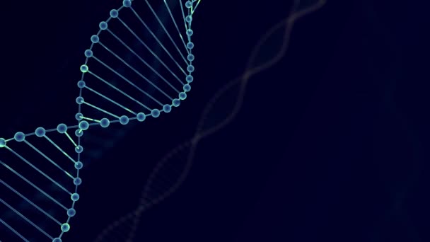 Abstract blauw glinsterende DNA dubbele helix met scherptediepte. Animatie van DNA-constructie van debrises. Science Animation. Genom futuristisch beeldmateriaal. Conceptueel ontwerp van informatie over genetica. 4k — Stockvideo