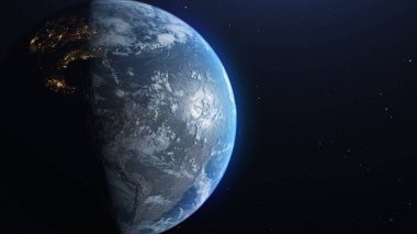 Dünya'dan alan, astronot görünümü, kavramı, uzakta uzayda yıldız ile yavaş yavaş hareket. UHD 3840 2160 görüntüleri. Nasa tarafından döşenmiş bu 3d animasyon öğeleri.