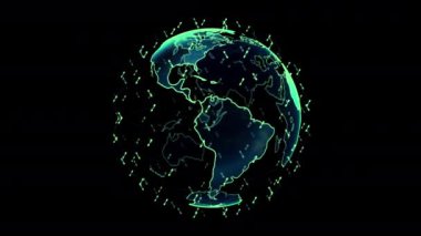 Dijital dünya veri küresi - soyut üç boyutlu uydu görüntüleme uyduları dünya ile bağlantı kuruyor. Uydular gezegeni çevreleyen bir ağ ya da gökyüzü köprüsü oluşturur. Karmaşıklık taşıyan büyük veriler taşar.