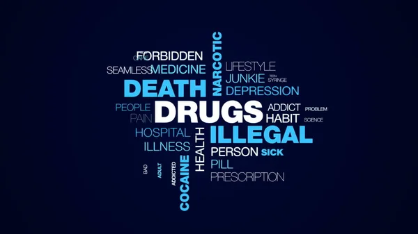 Droga morte illegale stupefacenti overdose iniezione dipendenza problemi eroina cocaina trattamento animato parola nube sfondo in uhd 4k 3840 2160 . — Foto Stock