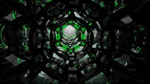 Futuristica digitale astratta movimento sfondo Volo attraverso un tunnel infinito astratto di anelli nero-verde. — Foto Stock