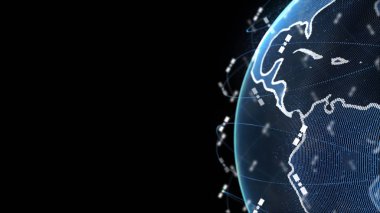 Dijital dünya veri küresi - soyut üç boyutlu uydu görüntüleme uyduları dünya ile bağlantı kuruyor. Uydular gezegeni çevreleyen bir ağ ya da gökyüzü köprüsü oluşturur. Karmaşıklık taşıyan büyük veriler taşar.