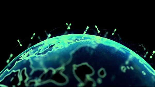 Abstrakcyjne satelity renderujące 3D Starlink Network, cyfrowy globus danych ziemnych - podłączenie świata. satelity tworzą oneweb lub Skybridge otaczających planetę przenosząc złożoność dużych zbiorów danych zalać — Zdjęcie stockowe