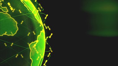 Küresel ağ ağı, dünya soyut 3D uyduları yıldız bağlantısını oluşturur. Uydular gezegeni çevreleyen bir ağ ya da ufuk köprüsü oluşturur. Karmaşıklık taşıyan büyük veriler modern dijital verileri taşır.