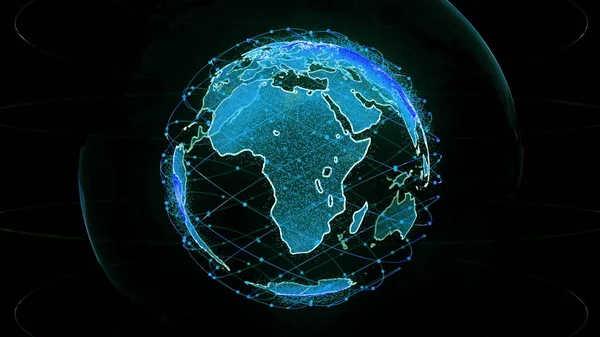 数字地球数据地球 - 抽象的3D渲染卫星网络在世界各地。一颗科技星接卫星在行星地球周围形成一网或天桥 — 图库照片