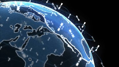 4k siyah arka plan 3d render kavram animasyon telekomünikasyon uyduları küresel bir sistem tarafından kablosuz internet veri wifi bağlantısı
