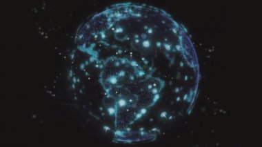 Dijital dünya veri küresi - soyut üç boyutlu uydu görüntüleme uyduları dünya ile bağlantı kuruyor. Uydular gezegeni çevreleyen bir ağ ya da gökyüzü köprüsü oluşturur. Karmaşıklık taşıyan büyük veriler taşar.