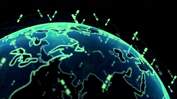 Trådlös Internet-data WiFi-anslutning genom ett globalt system av telekommunikationssatelliter göra koncept animation på svart bakgrund 3D rendering i 4K — Stockvideo