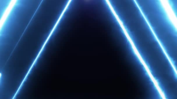 Νέον bakcground που πετούν μέσα από χωρίς λάμψη περιστρεφόμενα τρίγωνα νέον δημιουργώντας ένα τούνελ, μπλε κόκκινο ροζ βιολετί φάσμα, φθορισμού 3D φως υπερχείλισης, σύγχρονο πολύχρωμο φωτισμό, 4K — Αρχείο Βίντεο