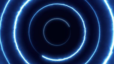 Neon bakterisi uçuyor, kenarsız parlayan neon çemberler içinde dönüyor, bir tünel oluşturuyor, mavi pembe mor spektrum, floresan 3D renkte sonsuzluk ışığı, modern renkli ışıklandırma, 4k