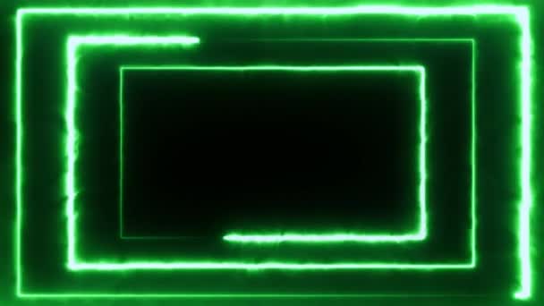 Néon bakcground volant à travers un rectangle de néon rotatif incandescent créant un tunnel, spectre bleu rouge rose violet, fluorescent 3d rendant la lumière infinie, éclairage coloré moderne, 4k — Video