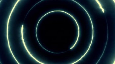 Neon bakterisi uçuyor, kenarsız parlayan neon çemberler içinde dönüyor, bir tünel oluşturuyor, mavi pembe mor spektrum, floresan 3D renkte sonsuzluk ışığı, modern renkli ışıklandırma, 4k