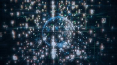 insanlar dünya modelinin arka planda küresel bağlantılı insan portreleri bir sel ile büyük veri kavram görüntüleri sosyal ağ da bağlantı yüzleri, 3d render 4k video.