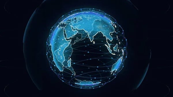글로벌 네트워크 연결 세계 추상 3D 렌더링 위성 별 링크. 위성은 복잡 한 빅 데이터를 전달하는 하나의 웹이나 스카이 브릿지를 만들어 현대 디지털 세계를 뒤덮고 있다. — 스톡 사진