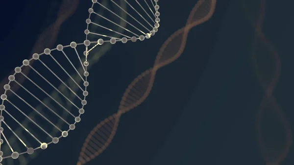 Abstrato azul brilhante DNA dupla hélice com profundidade de campo. Animação de construção de DNA a partir de detritos de renderização 3d. Animação científica. Imagens futuristas do Genom. Desenho conceitual da genética — Fotografia de Stock
