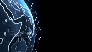 Küresel ağ ağı, dünya soyut 3D uyduları yıldız bağlantısını oluşturur. Uydular gezegeni çevreleyen bir ağ ya da ufuk köprüsü oluşturur. Karmaşıklık taşıyan büyük veriler modern dijital verileri taşır.