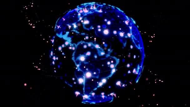 Digital Earth data globe - abstraktní 3D vykreslování satelity Starlink připojení k síti po celém světě. satelity vytvořit jeden web nebo Skybridge okolní planetu přenášející složitost velkých dat zaplavit — Stock video