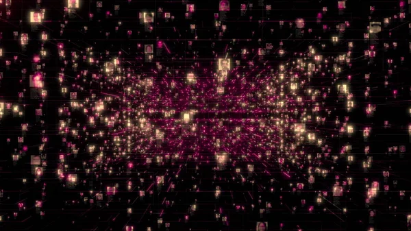 Sich durch den Suchstrom unkenntlich gemachter Menschenporträts bewegend, die durch lila Netzwerkraster in sozialen Netzwerken miteinander verbunden sind. Künstliche Intelligenz Konzept Hintergrund. 3D-Darstellung — Stockfoto