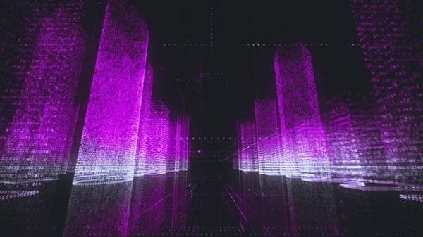 Яскравий неоновий каркас сучасного цифрового центру міста з хмарочосами, який складається з фіолетових і білих символів на чорному тлі. Цифрові технології та бізнес-концепція. 3D візуалізація відео 4K . — стокове фото