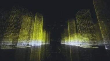 Beyaz ve sarı renklerde modern bir dijital şehrin parlak neon modeli ve kamera hızlı şehir merkezinde hareket ediyor. İş ve dijital teknoloji konsepti. Siyah arka plan 3d render 4k Ultra Hd