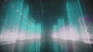 Soyut dijital şehrin parlak gök mavisi ve beyaz renkli modelinde ilerlerken siyah arkaplanda numaralar ve ızgaralar vardı. İş, iletişim ya da dijital teknoloji kavramı. 3d hazırlama 4k