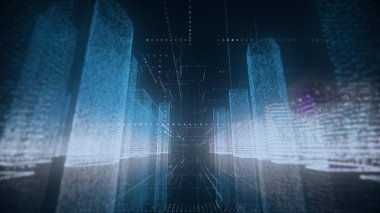 Soyut modern şehrin neon dijital modelinde uçuyor. Siyah arka planda mavi ve beyaz renklerde numaralar ve ızgaralardan oluşuyor. İş, bağlantılar ve dijital teknoloji kavramı. 3d hazırlama 4k