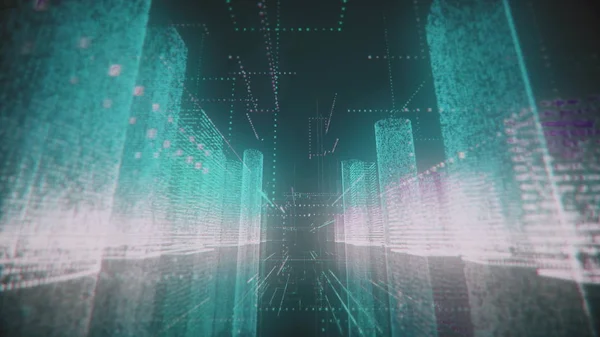 Soyut dijital şehrin parlak gök mavisi ve beyaz renkli modelinde ilerlerken siyah arkaplanda numaralar ve ızgaralar vardı. İş, iletişim ya da dijital teknoloji kavramı. 3d hazırlama 4k