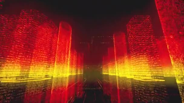 Trafik genom den ljusa röda och gula färgade modellen av digital City innehöll symboler på svart bakgrund. Affärs-, kommunikations-eller digitalt teknikkoncept. 3D-rendering 4K-video — Stockvideo