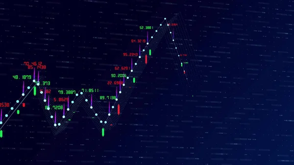 Finanzgrafik und Daten, die einen stetigen Anstieg der Gewinne, wachsende Diagramme und fließende Zählerstände von Zahlen auf abstraktem 3D-Rendering-Hintergrund als Konzept der digitalen Trenddaten und Aktien von Unternehmen zeigen — Stockfoto