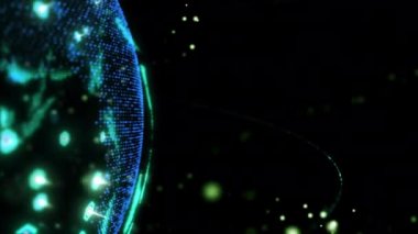 Dijital dünya veri küresi - soyut üç boyutlu uydu görüntüleme uyduları dünya ile bağlantı kuruyor. Uydular gezegeni çevreleyen bir ağ ya da gökyüzü köprüsü oluşturur. Karmaşıklık taşıyan büyük veriler taşar.