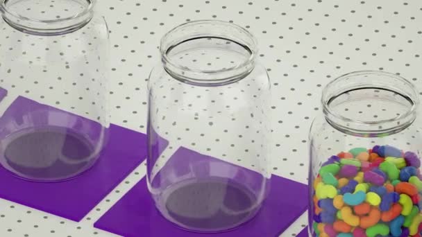 La fabbrica di fagioli di gelatina versa caramelle colorate lucenti in un vaso su un nastro trasportatore 3D che rende lo stile di cartone animato per screensaver infinito e sfondo — Video Stock